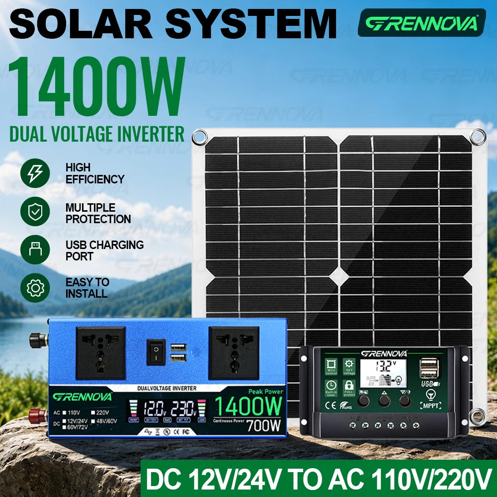Grennova 1400W Solar kit Intelligent Inverter(continuous Power 700W )30W Solar Panel 60A Controller 12/24V 110V/220V for fish RV Zpaxo