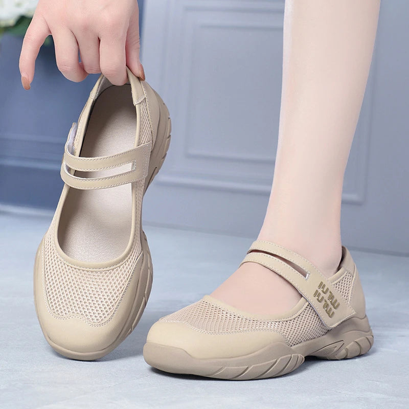 Womens Beige Mesh Mary Jane Sneakers Adjustable Strap Chunky Sole Zpaxo
