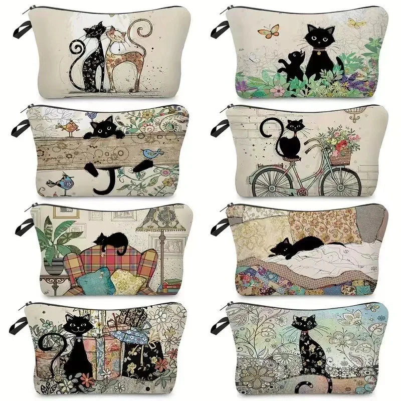 Black Cat Floral Zipper Pouch Durable Fade-resistant Cosmetic Bag