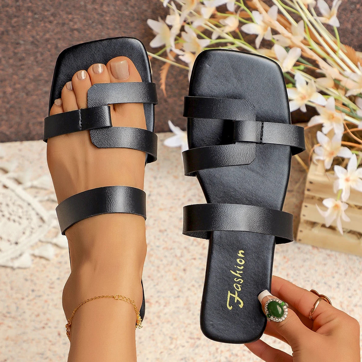 Women Slippers 2026 Summer Flats Dress Casual Slides Rome Open-toe Zpaxo black 43