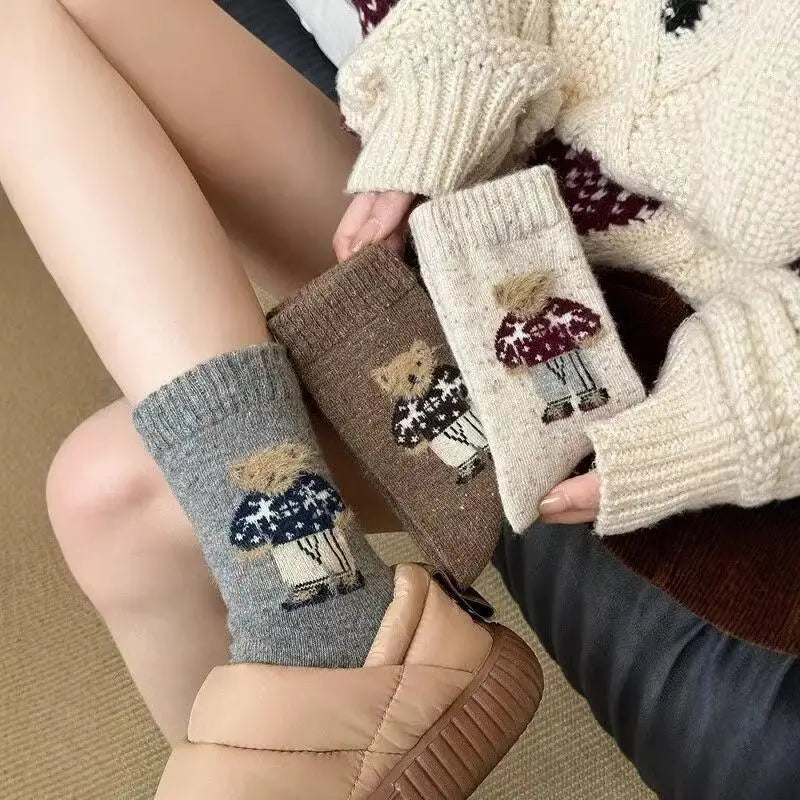 Warm Women's Socks Adorable Cartoon Bear Design Two Suitable Autumn Zpaxo