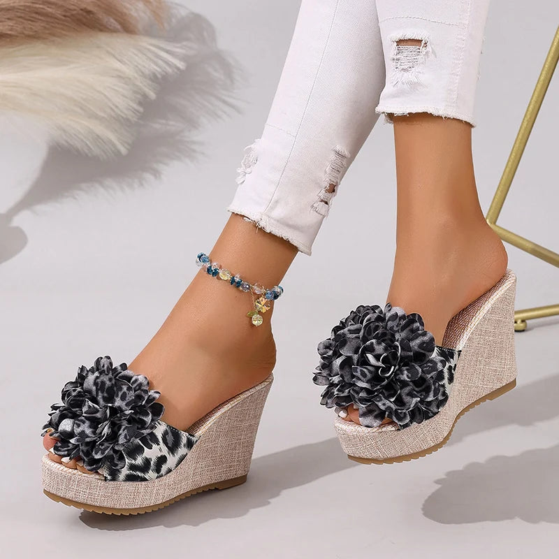 Women Sandals Comfortable Sexy Leopard Bow Sandals Trend Soft Wedges Slippers Casual Beach Shoes Flower Big Size Shoes Women Zpaxo