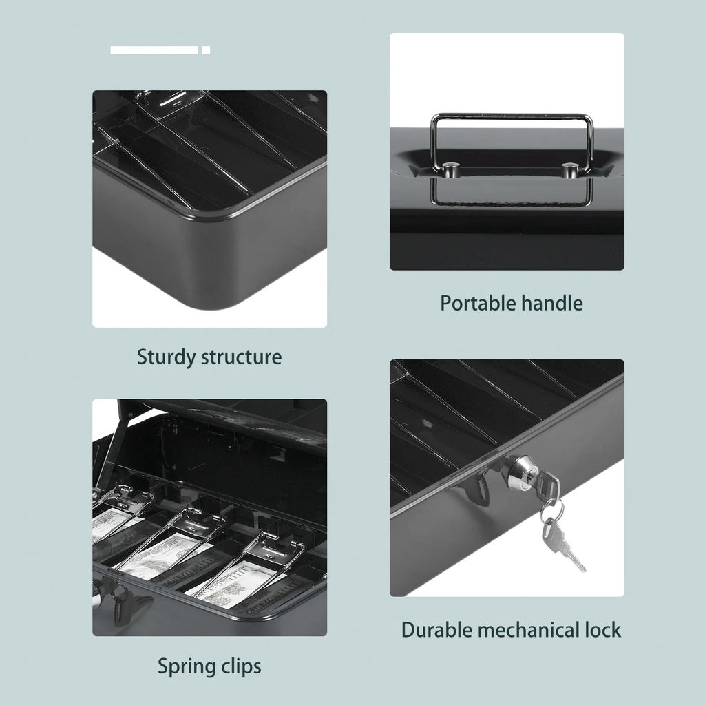 Cash Box Metal Money Box with Coin Trays Cantilever Design & Bill Slot with Spring Clips to Organize for Valuables Zpaxo