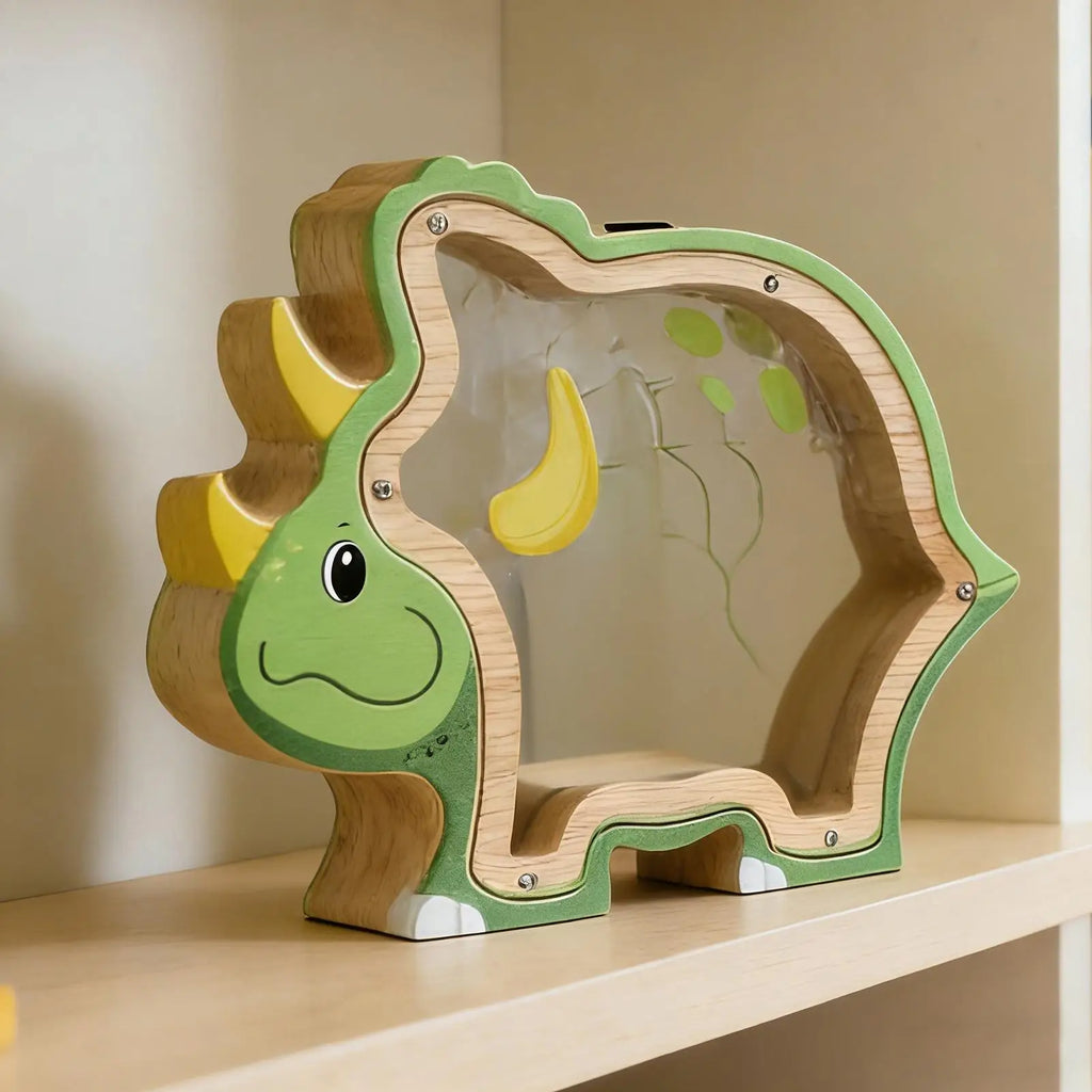 Coin Bank Wooden Dinosaur Safe Cash Box Jar Boys Girls Child Room