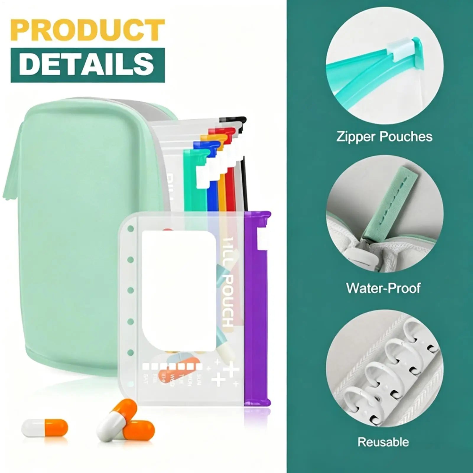 Pill Pouch Bags Waterproof Supplement Silicone Case 14 Compartments