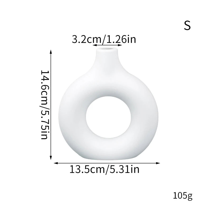 Donut Plastic Vase White Black Pink Cute Round Vase Flowerpot Ornaments for Living Room Dining Table Office Home Decor Zpaxo White S