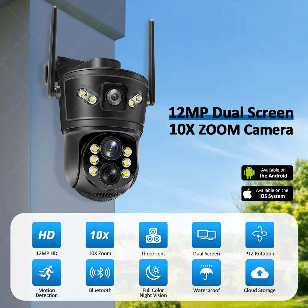 6K 12MP WiFi Camera Outdoor 10X Zoom Three Lens Dual Screen 8MP Security Cam Auto Tracking CCTV Video Surveillance PTZ Cameras Zpaxo