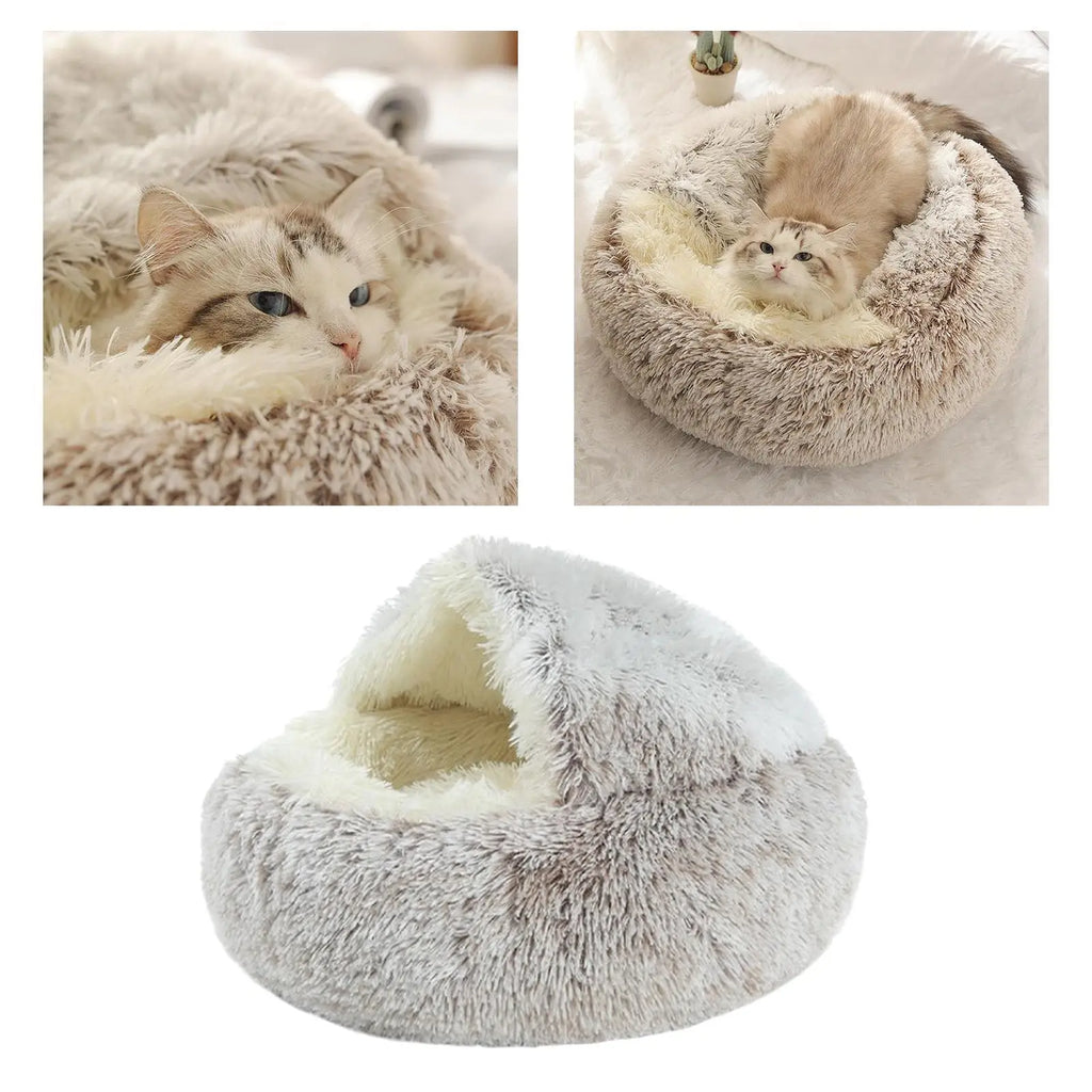 Self Warm Plush Hooded Pet Bed Round Fluffy Soft Cat Cushion Dog 1 Zpaxo Coffee 40cm