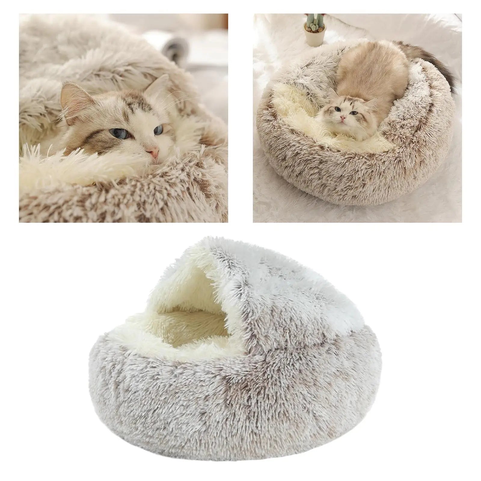 Self Warm Plush Hooded Pet Bed Round Fluffy Soft Cat Cushion Dog 1 Zpaxo Coffee 40cm
