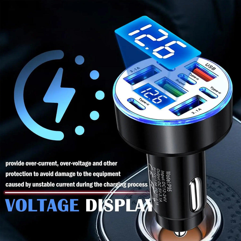 UYUXIO Multi Port USB C Car Charger Adapter 1 Voltage Display Iight