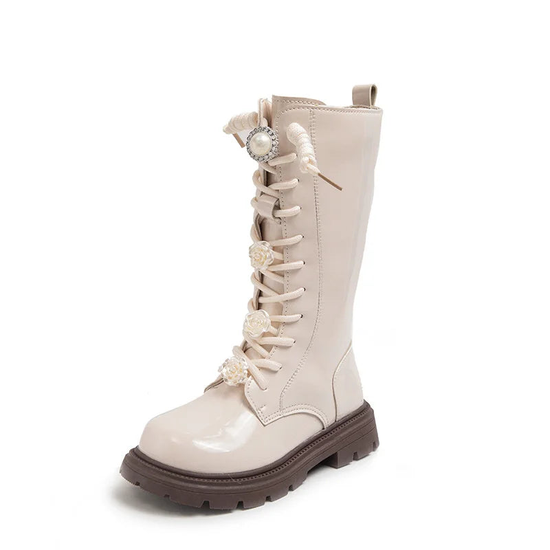 Fashion Children Long Boots Girls Patent Leather Princess Knight Zpaxo Beige 30(Insole18.4cm) China Mainland