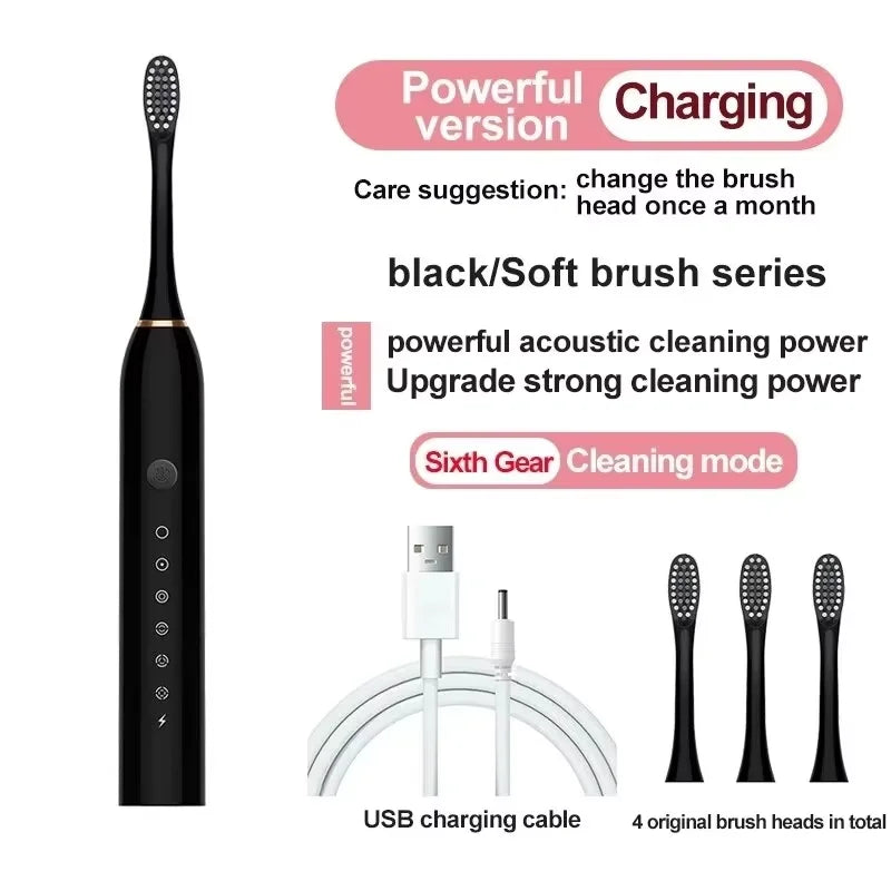 Electric Toothbrush Soft Bristles 6 Speed Automatic for Adults & Kids Universal Smart Charging All Ages Compatible Zpaxo black