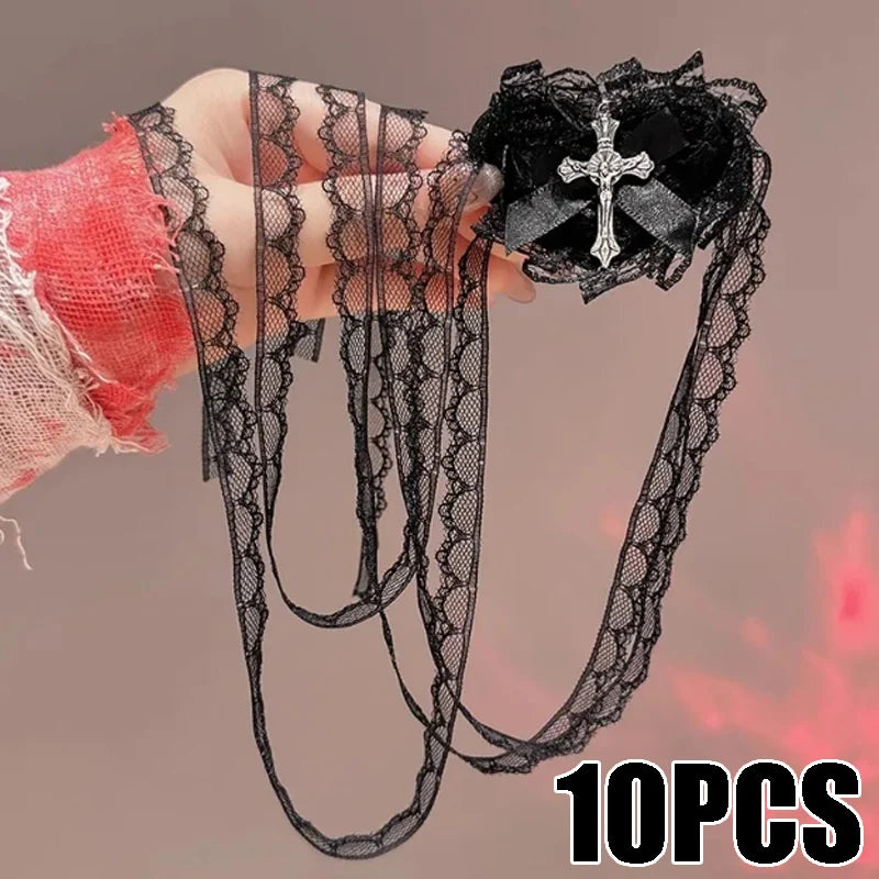 Sweet Edgy Black White Lace Bow Heart Cross Eye Mask Halloween Lolita Zpaxo Black-10PCS