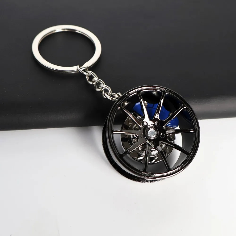 3D Wheel Hub Car Key Chain Fidget Alloy Model Car Tire Brake Disc Keychain Keys Holder Bags Pendant Fingertip Gadget Keyring Zpaxo Black-Blue