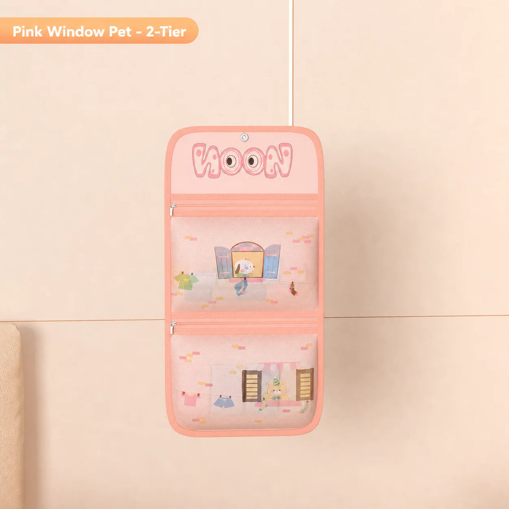 Japanese Cartoon Mesh Hanging Storage Bag | Closet Organizer Hanging Storage Bag Zpaxo Pink-Double layer
