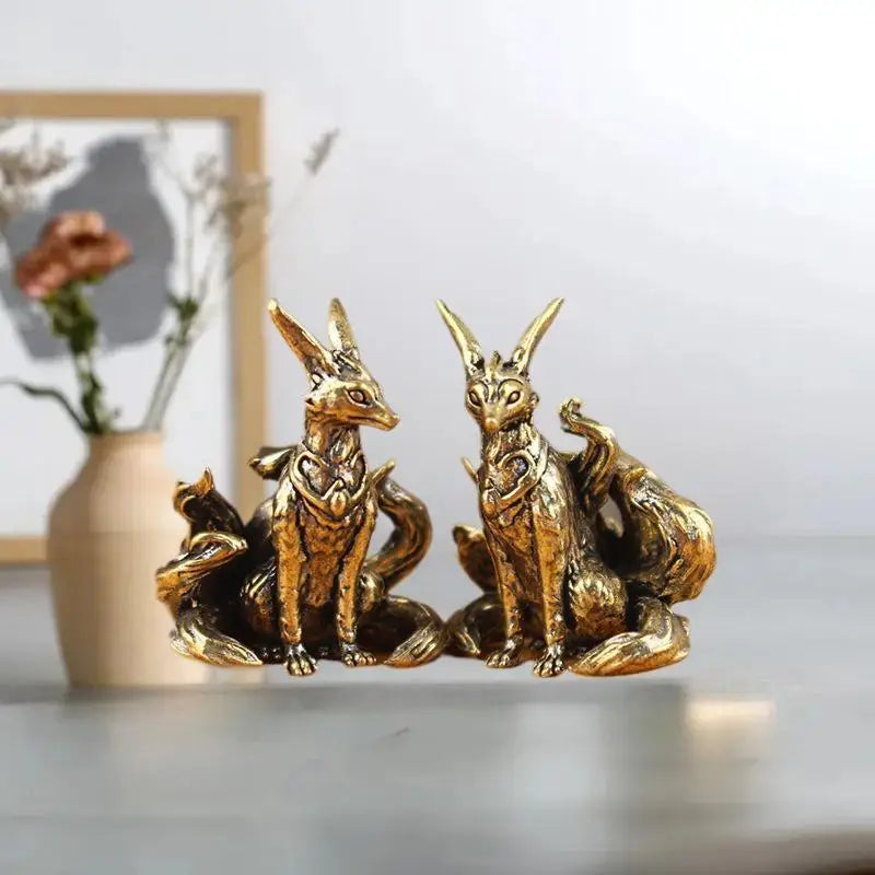 Copper Miniature Nine-tailed Fox Sculpture Brass Desk Accessory Zpaxo