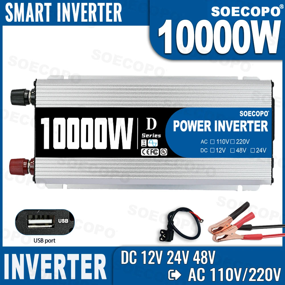 Portable 10000W Inverter 12V 24V 48V DC 220V AC Universal Outlet