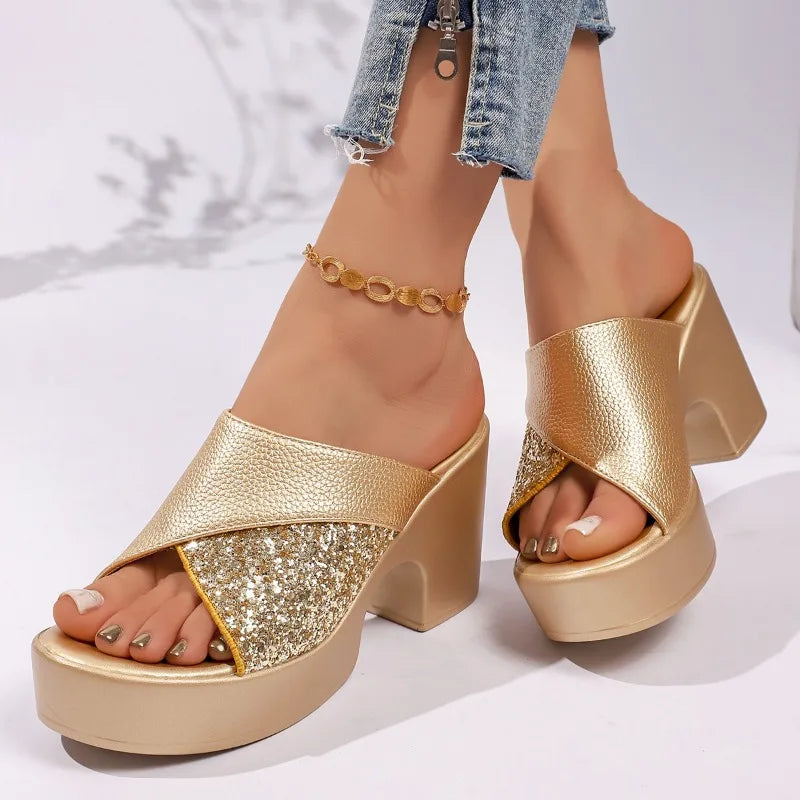 Women's Summer Thick Sole Round Open Toe Vintage Solid Anti Slip Heel Zpaxo