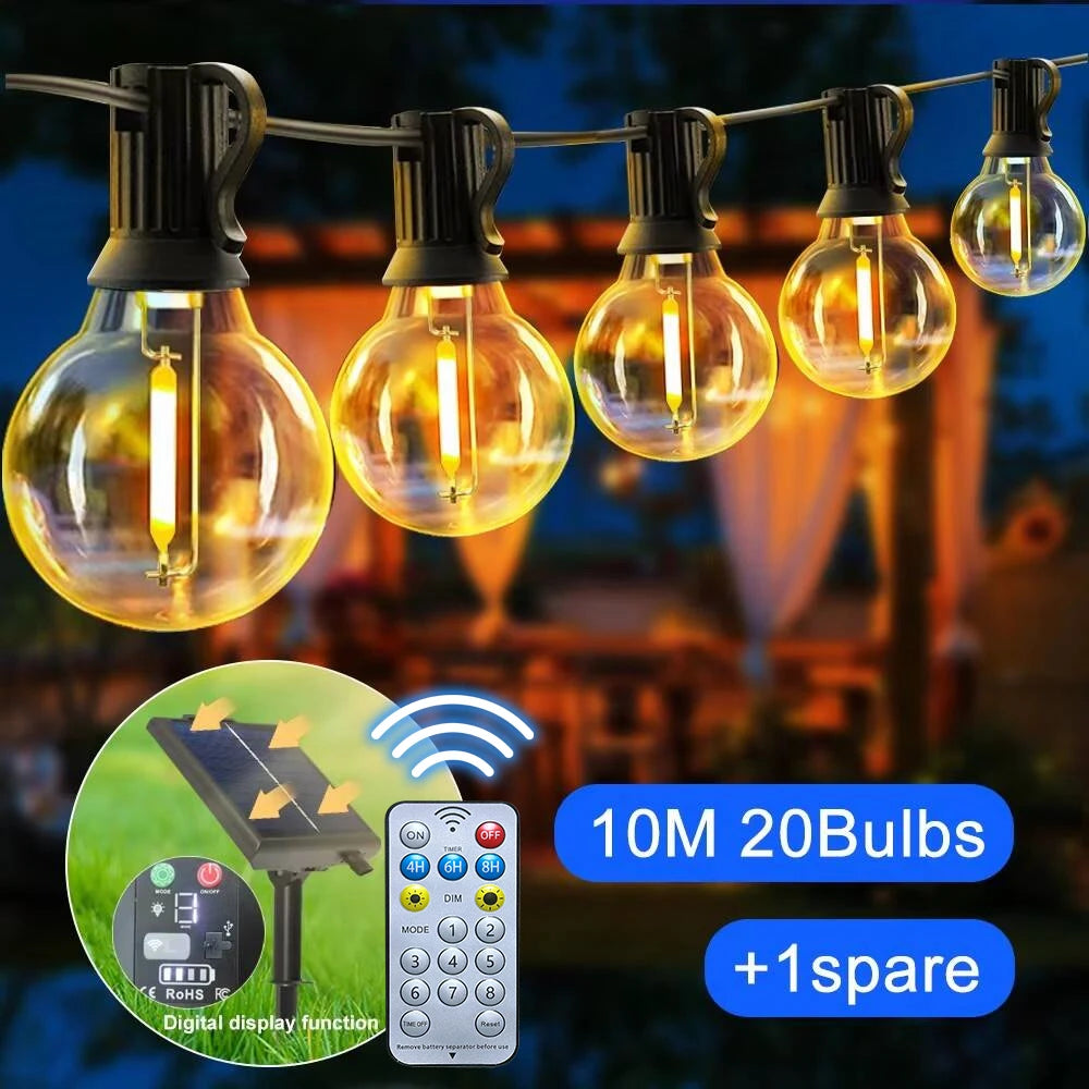 G40 Solar Outdoor Patio String Lights Remote Control Dimmable Waterproof Solar USB Charge String lights for Garden Balcony Decor Zpaxo 33FT 10M 20Bulbs Include RF Remote