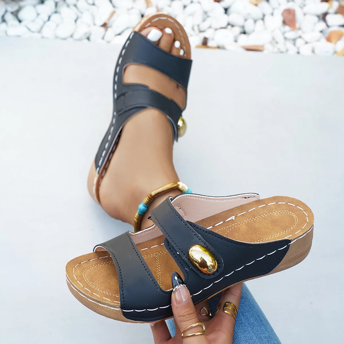 Women Slippers Slip on Open-Toe Wedge Sandals Retro Metal Buckle Platform Shoes Ladies Summer Beach Casual Slippers slides women Zpaxo black 43
