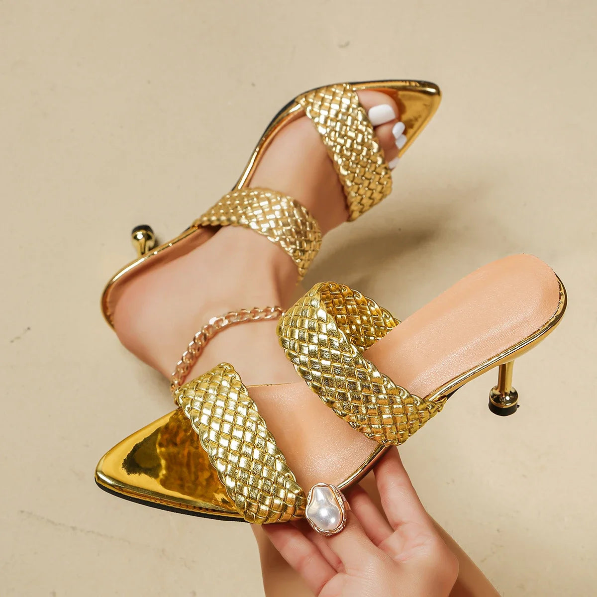Women High Heel Sandals 2026 New Fashion Elegant Sandals Gold One-word Stiletto Heel Shoes Designer Medium Heel Shoes Women Zpaxo