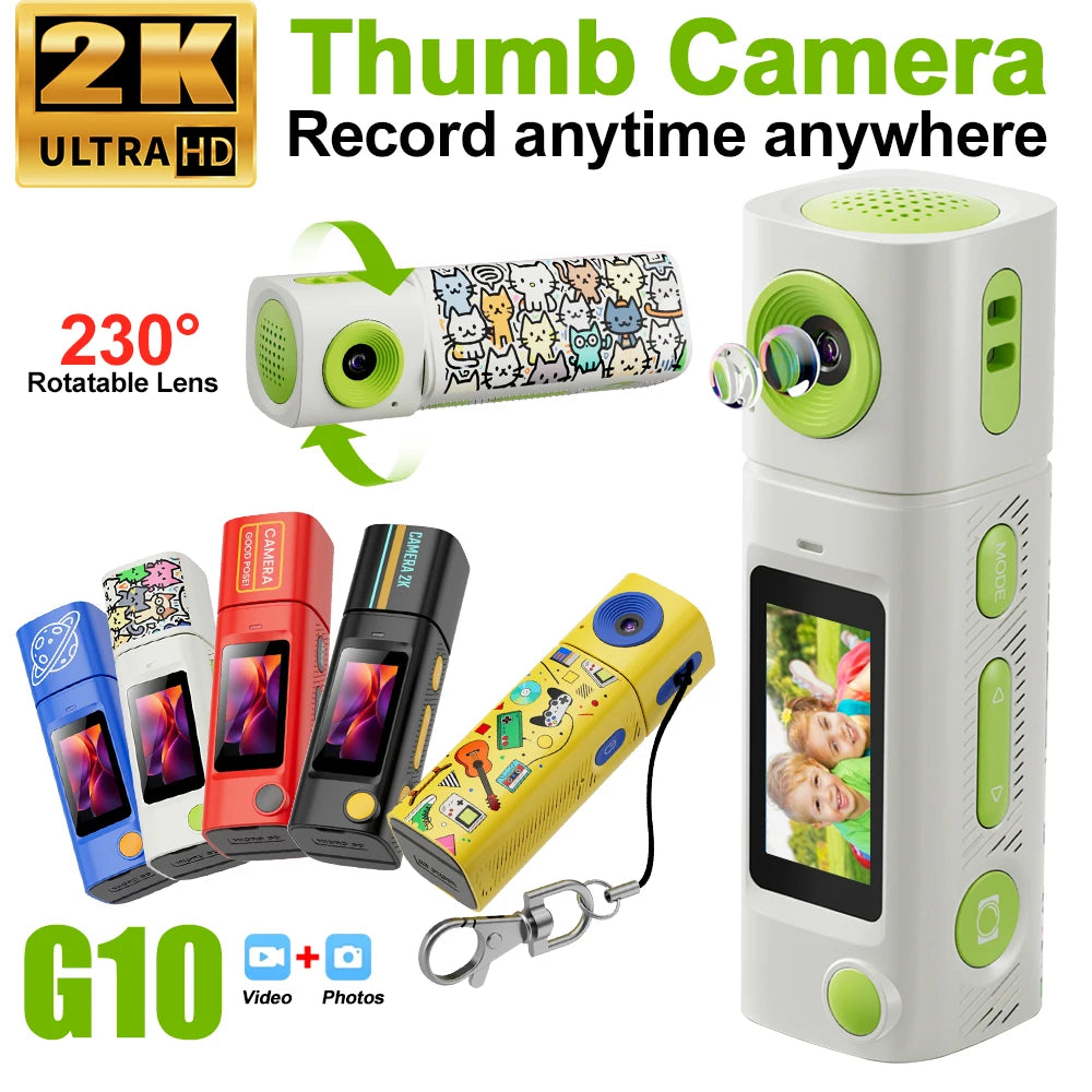 G10 2K HD Retro Mini Keychain Thumb Camera Recorder LCD Screen 230° Rotation Lens Portable Selfie Camera Mini Digital Vlog Camer Zpaxo