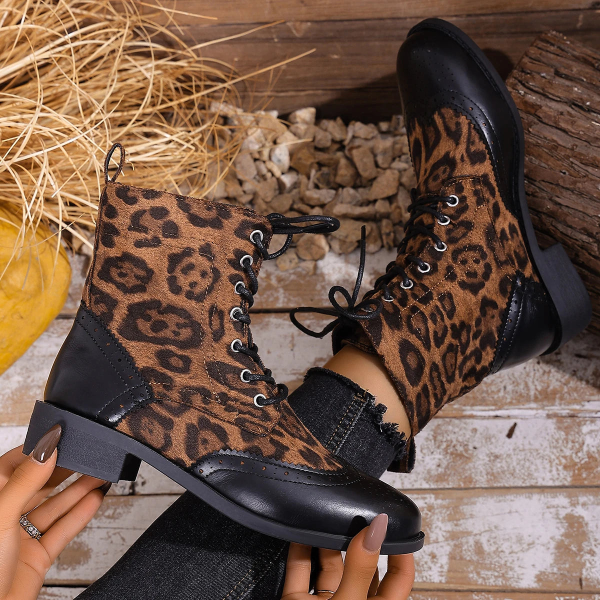 Winter Autumn Women Ankle Boots Open Toe Large Size Retro Boots Women Lace Up Comfortable Shoes Women Outdoor Comfortable Shoes Zpaxo black leopard print 43