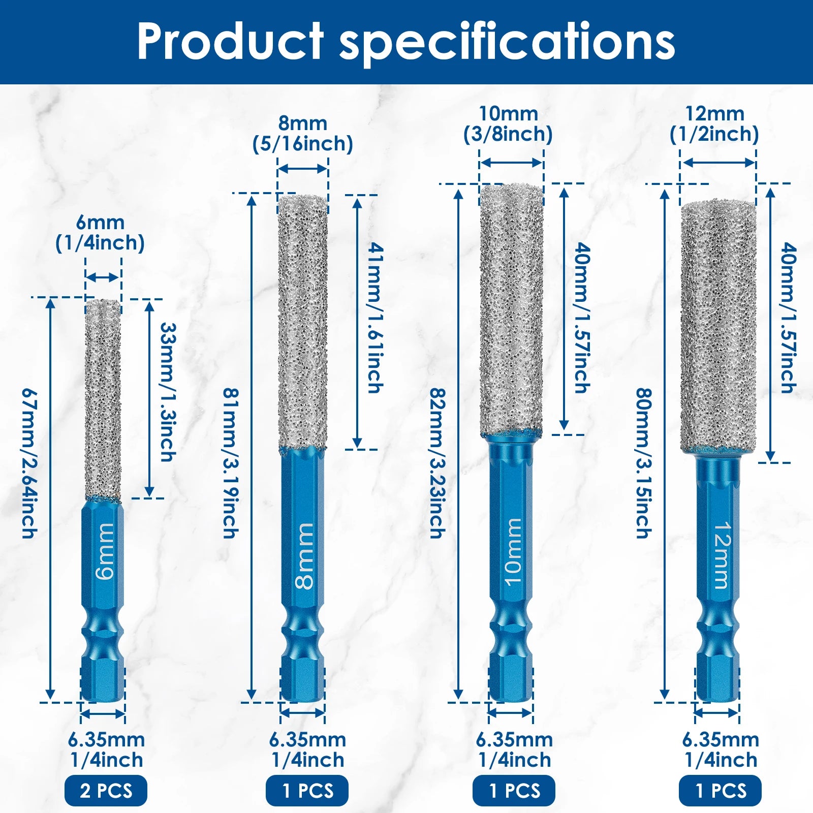 5Pcs Diamond Drill Bit 6-12mm Masonry Drill Bits Porcelain Tile Ceramic Stone Granite Marble,Hex Shank Diamond Hole Saw Drill Bi Zpaxo 5pcs 6-12mm