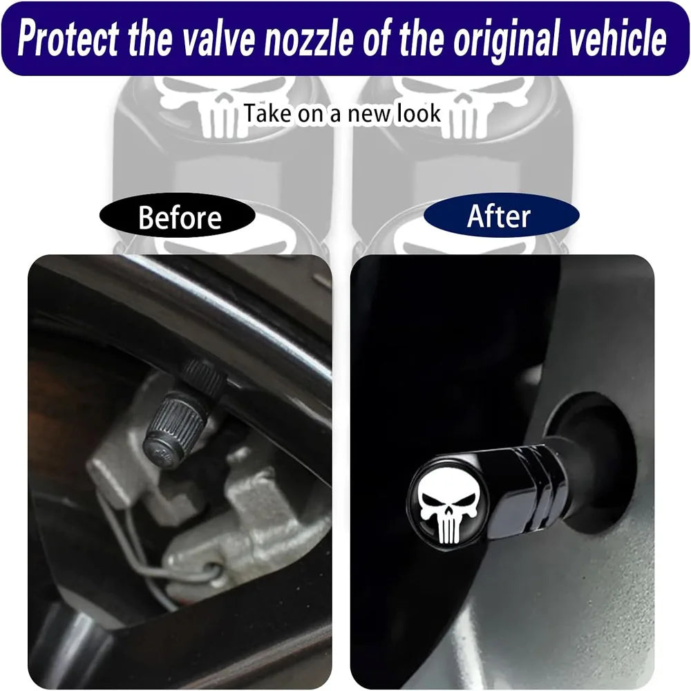 Skull Tire Valve Stem Caps – 4-Pack Aluminum Dust Covers