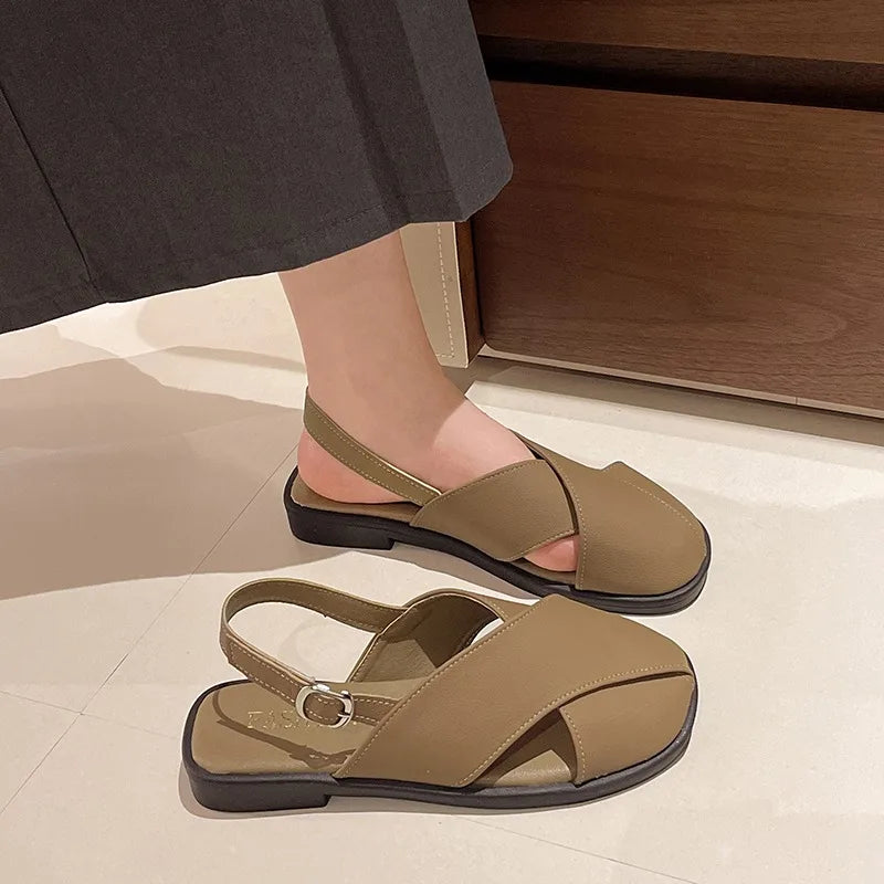 Women's Round Closed Toe Solid Vintage Comfortable Sandals Summer Zpaxo Brown 35
