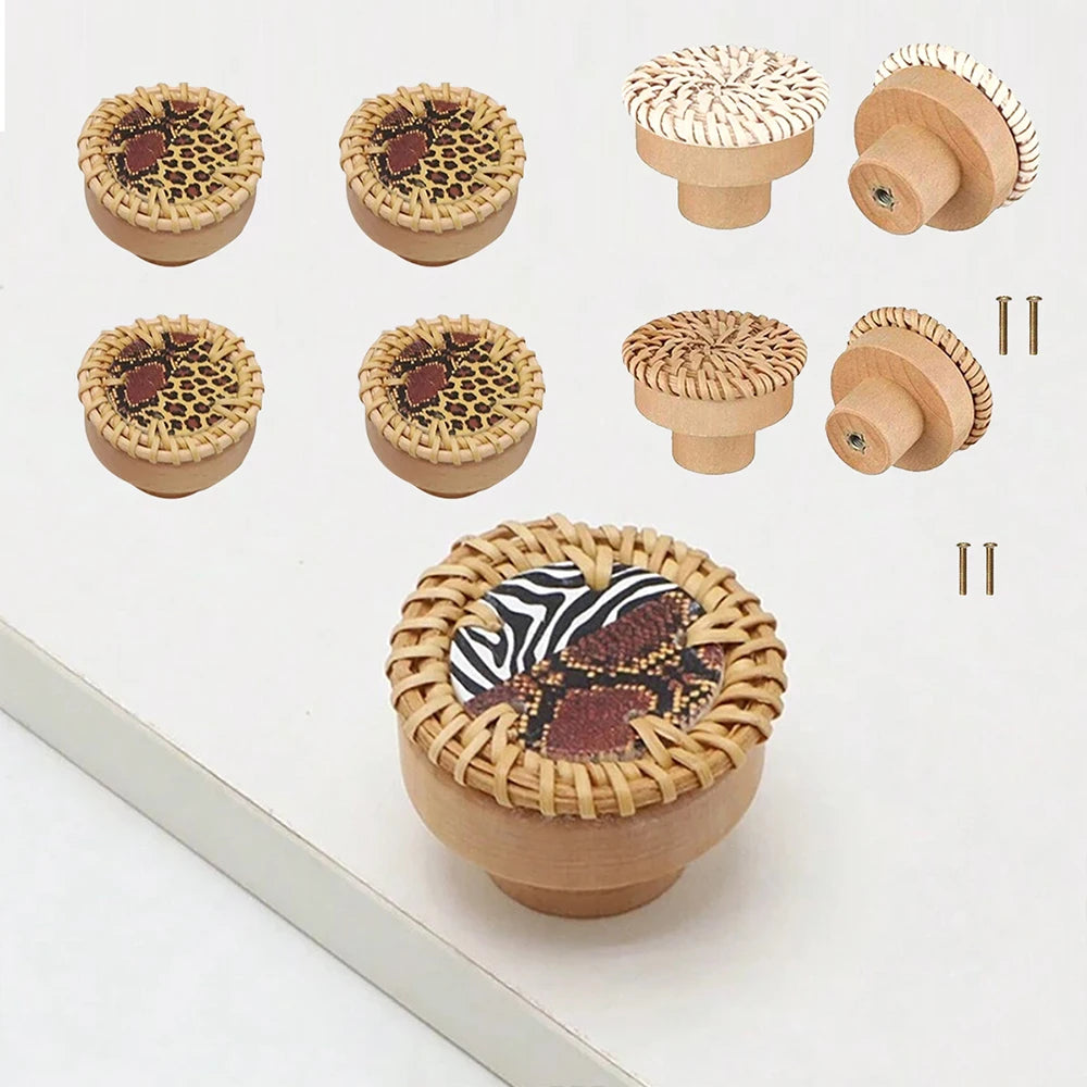 Boho Rattan Knobs Wood Handles Handmade Wicker Woven Round Cabinet Knobs Pulls Wardrobe Dresser Drawer Handles with Screws Zpaxo