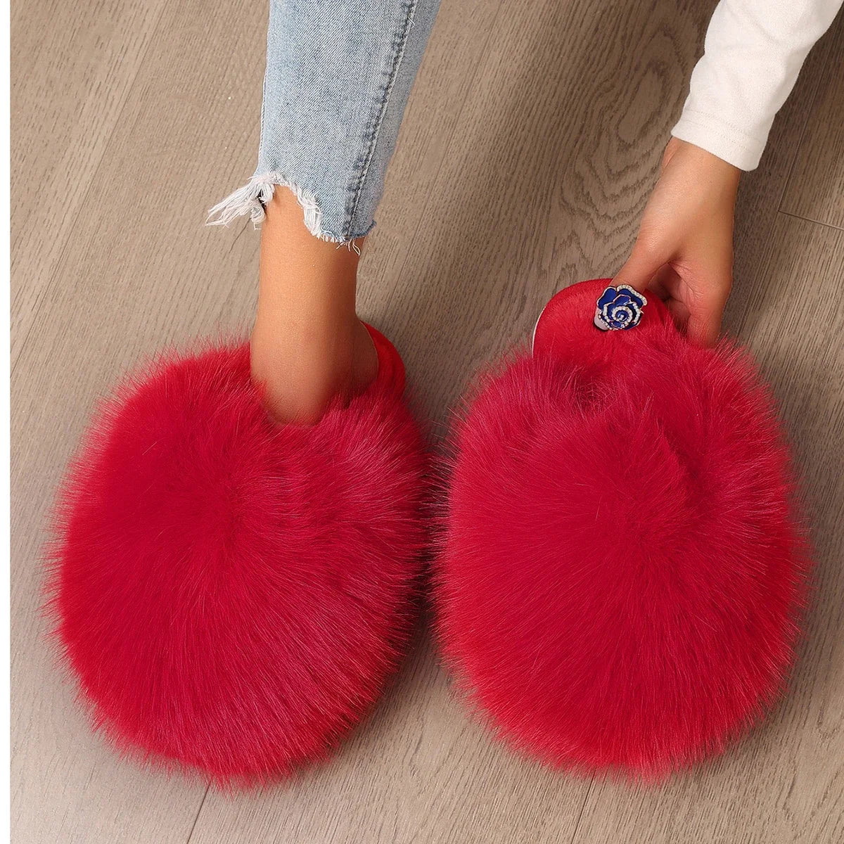 Women Indoor Slippers Autumn Winter Faux Fur Home Shoes Women Soft Sole Fashion Warm Fluffy Slippers Solid Baotou Slides Women Zpaxo Red 38-39