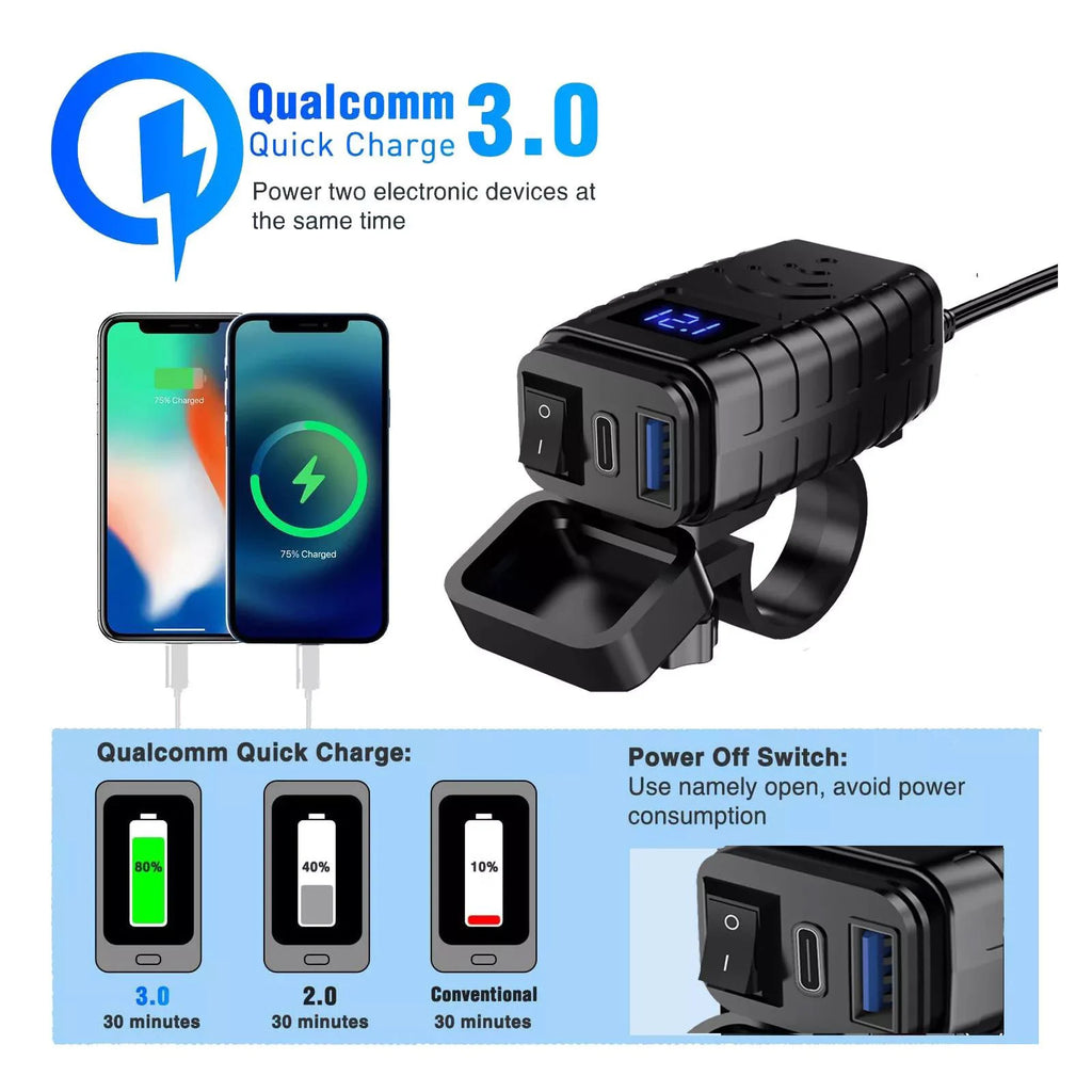 QC+PD 3 0 Motorcycle Dual USB Charger Waterproof DC 12V-24V Power