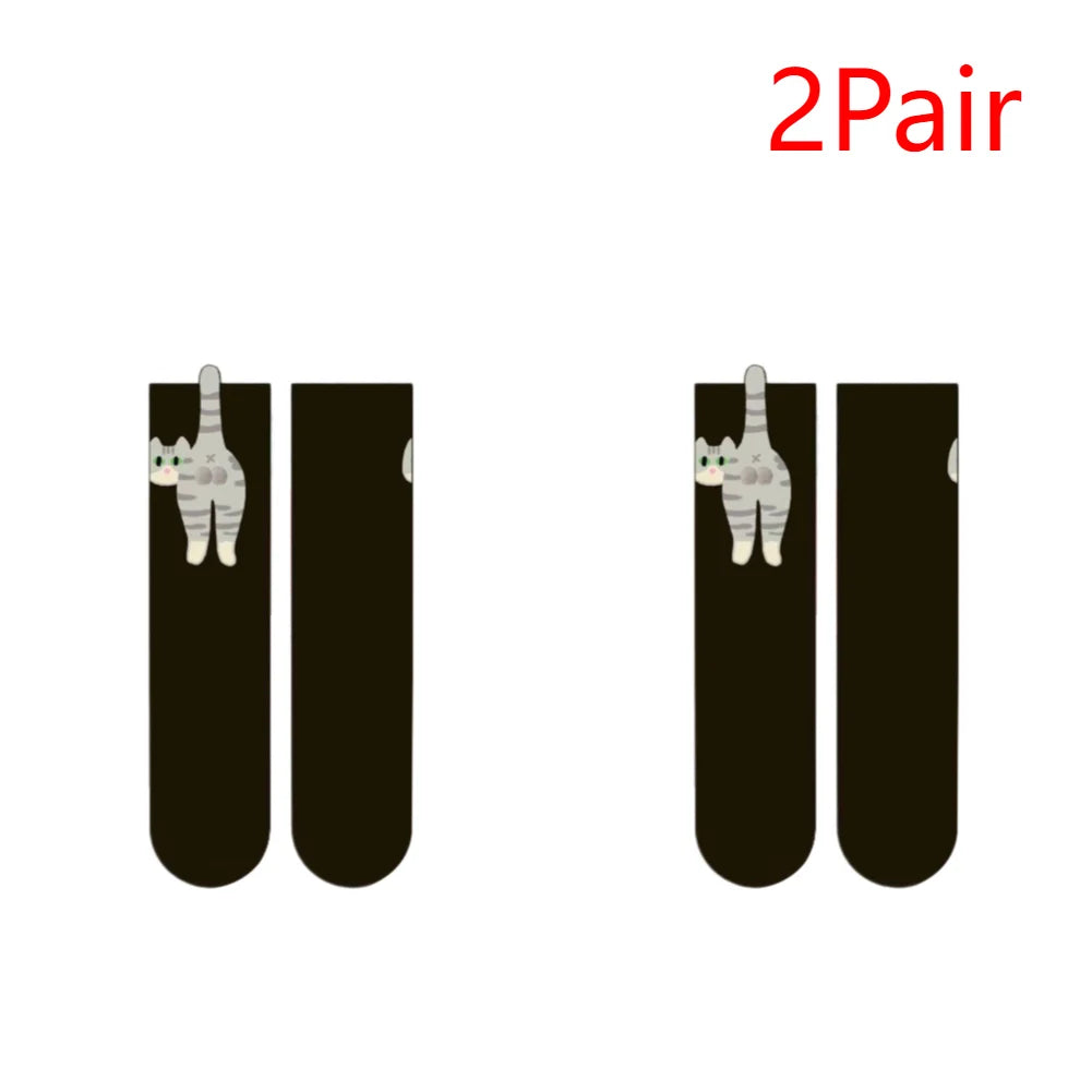 1-2Pairs Funny Cotton Socks with Fuzzy Balls Cartoon Animal Socks Breathable Cat Middle Tube Socks Novelty Gifts for Cat Lovers Zpaxo B-2Pairs One Size