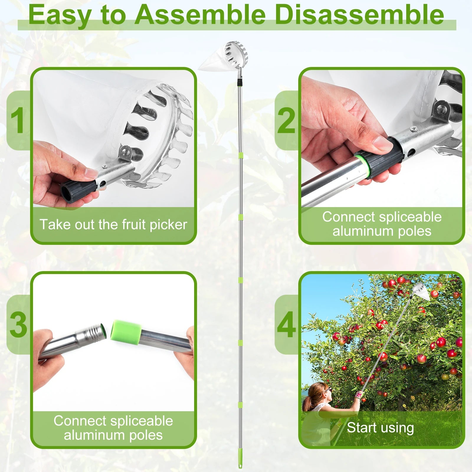 3.2M Fruit Picker Tool Metal Gardening Orchard Picking Tool with Storage Bag Fruit Catcher for Cherry Berry Orange Lemon Pear Zpaxo