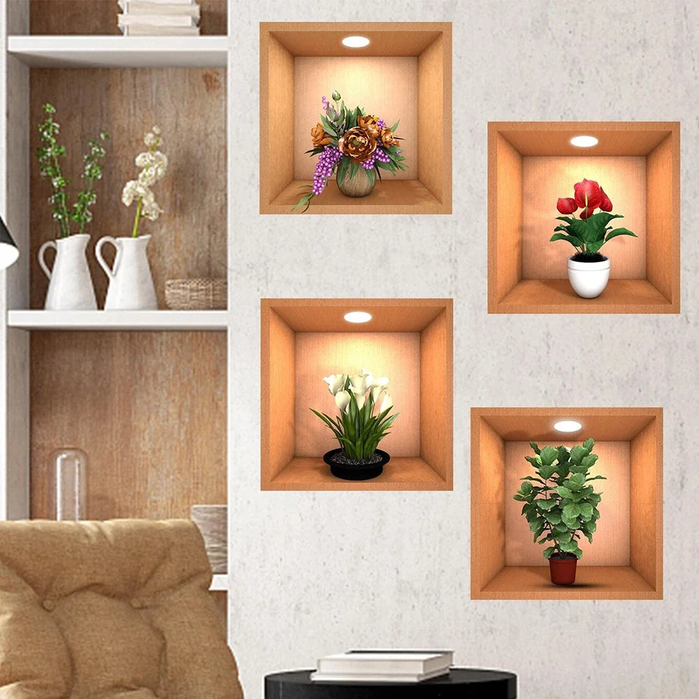 4Pcs 3D Plant Wall Stickers Floral Pattern Green Plants PVC Wall Sticker for Home Art Room Bedroom Background Decoration Zpaxo