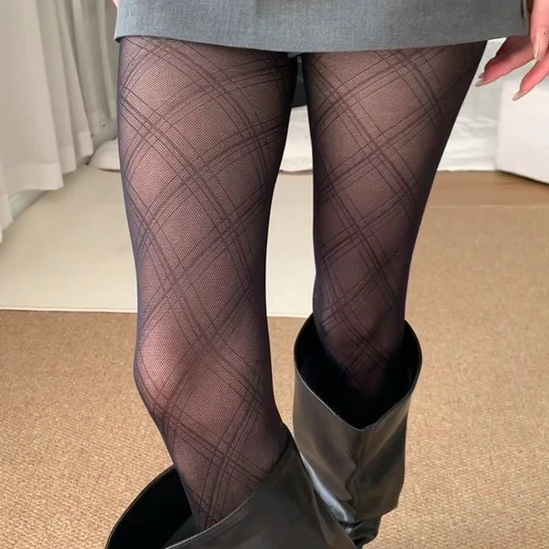 1 Pair Women Sexy Black Silky Pantyhose Vintage Plaid Patterned