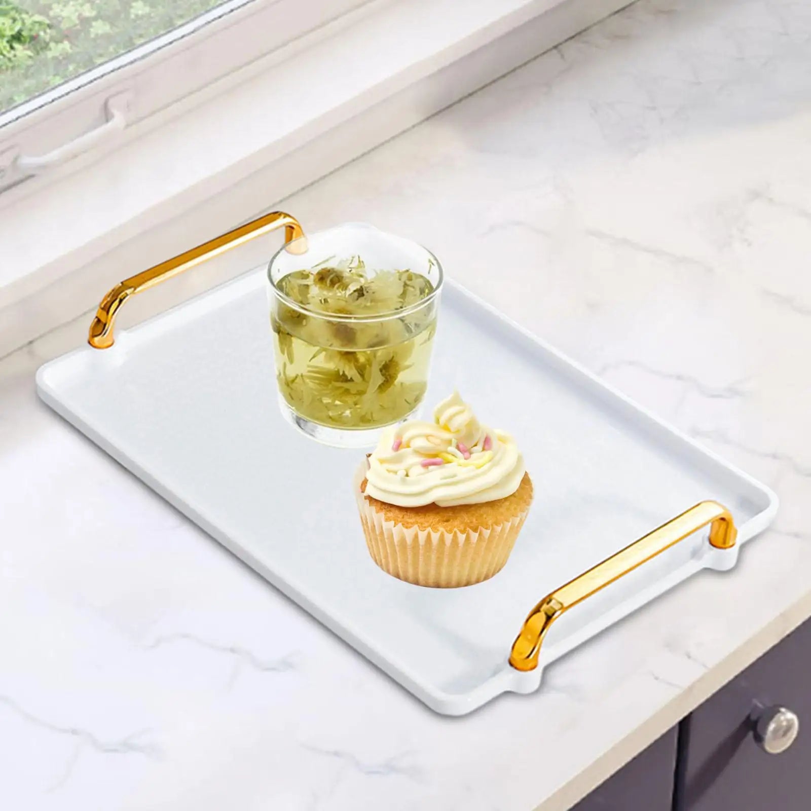 Rectangular Serving Tray with Handles – Vanity & Kitchen Platter Serving Tray Zpaxo white medium