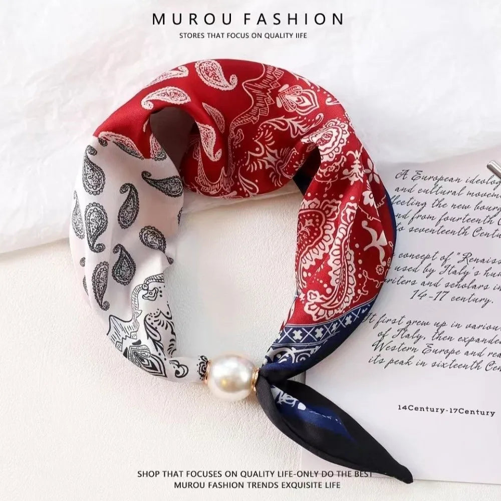 Elegant Breathable Silk Scarf Pearl Buckle Printed Magnetic Snap Scarf Lightweight Thin Faux Pearl Scarf for Women Accessories Zpaxo