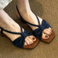 Square Open Toe Women's Summer Hollow Out Breathable Bow Sandals Zpaxo Blue 39
