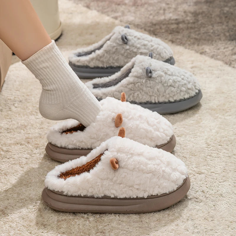 Winter Home Slippers Men Shoes Cute Cartoon Flat Platform Women Warm