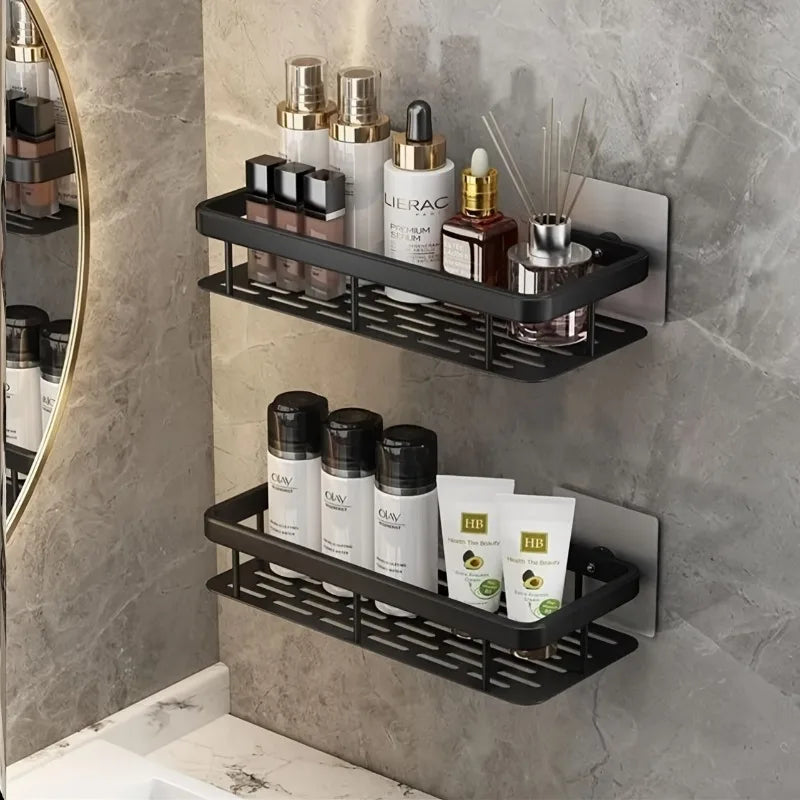 2pcs Black Wall Mounted Storage Shelf – Heavy Duty Plastic No Drill Organizer Rack with 2 Hooks, Corner Shelf for Bathroom Zpaxo