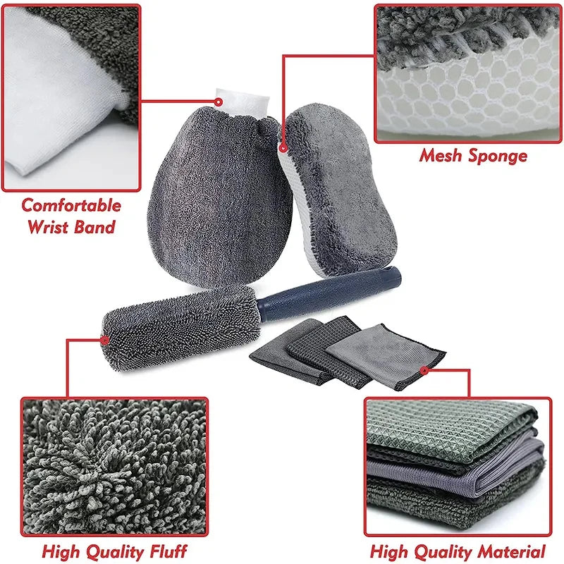 9-Piece Automotive Microfiber Gloves Car Wash Sponge Tires Brush