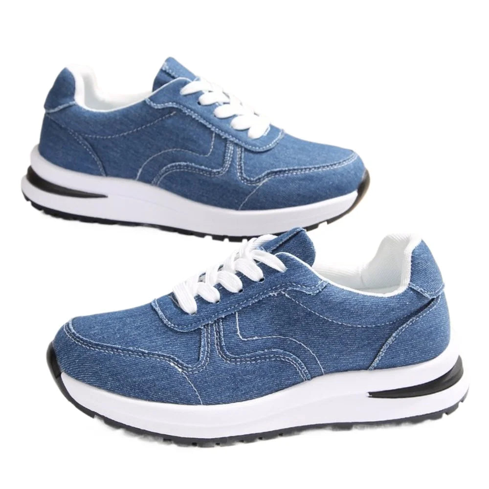 Blue Denim Platform Sneakers Women Fashion Thick Sole Lace Up Sports