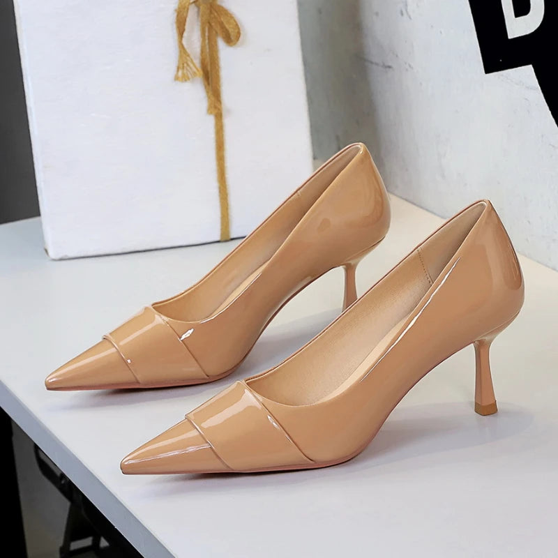Nude Patent Leather Pointed Toe Kitten Heel Pumps Overlay Strap Zpaxo