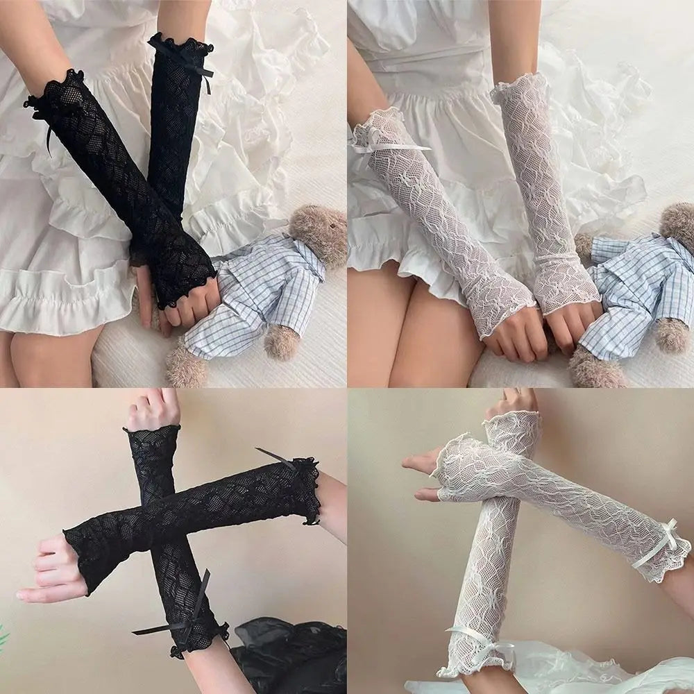 Lace Ruffle Lolita Lace Gloves Black White Bowknot Strapping Y2k Fingerless Mittens Mesh UV Protection Sunscreen Sleeve Zpaxo