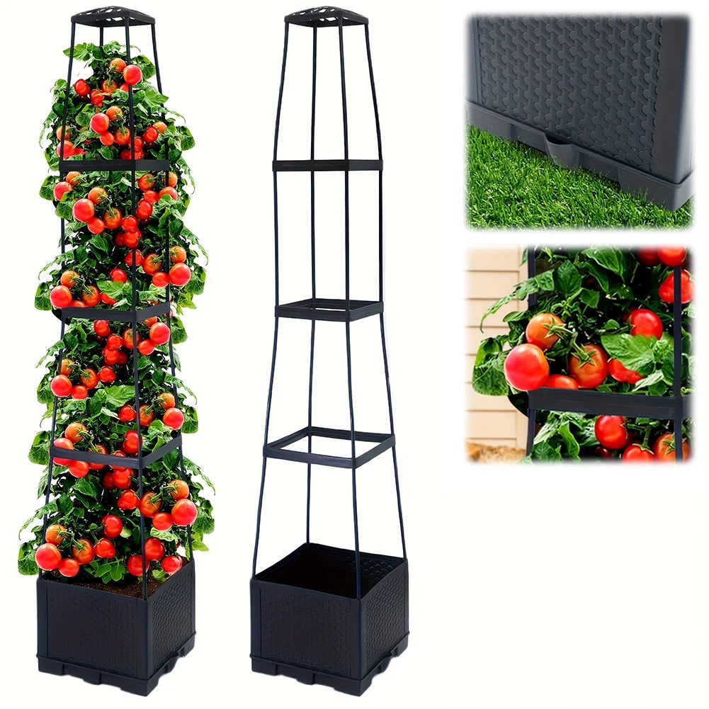 4 Tier Planter Tower Trapezoidal Trellis Tomato Cage Garden Box