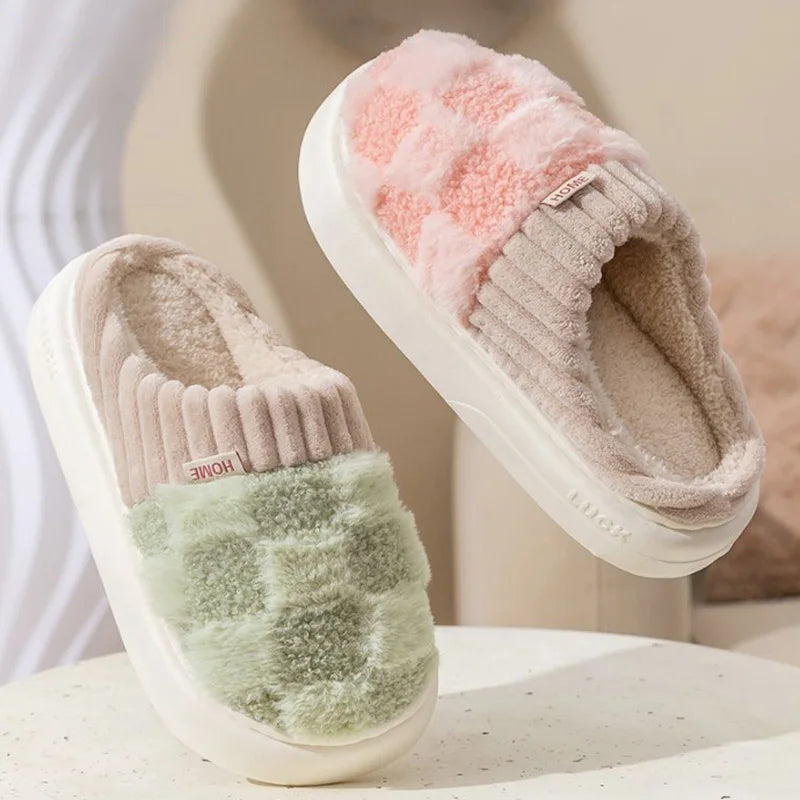 Fashion Couple Winter Slides Warm Plaid Fluffy Slippers Soft Sole