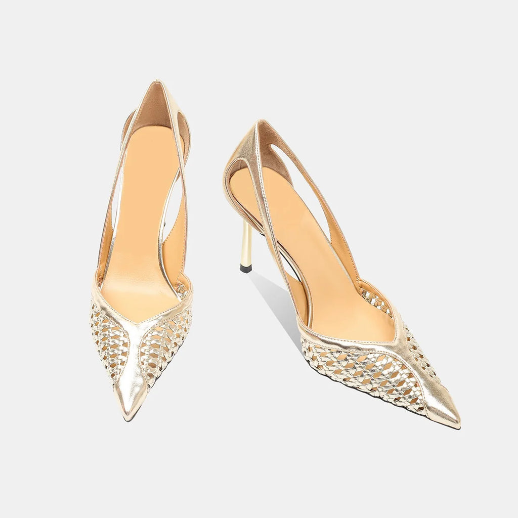 Women Pumps Fashion Hollow Weaving Shoes Pointed Tip Heels Stiletto Zpaxo