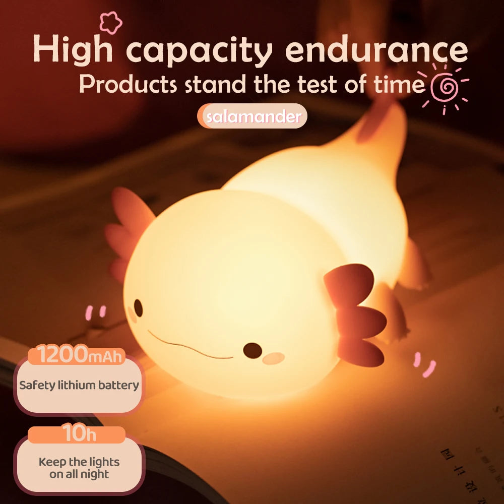 Novelty Silicone Axolotl Night Light Rechargeable Nursery Sleeping Lamp Touch Control Nightlights for Baby Room Decor Zpaxo